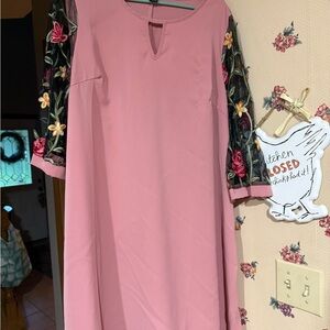 SHEIN Pink A-Line Midi Dress with Cuffed 3/4 Sleeves